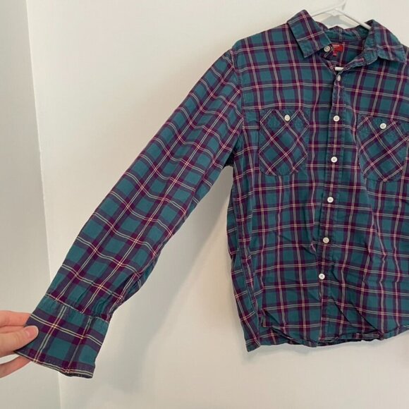 ARIZONA JEAN CO Mens Teal Blue Etc Plaid Lightweight Flannel Button Down Shirt M - Picture 6 of 12